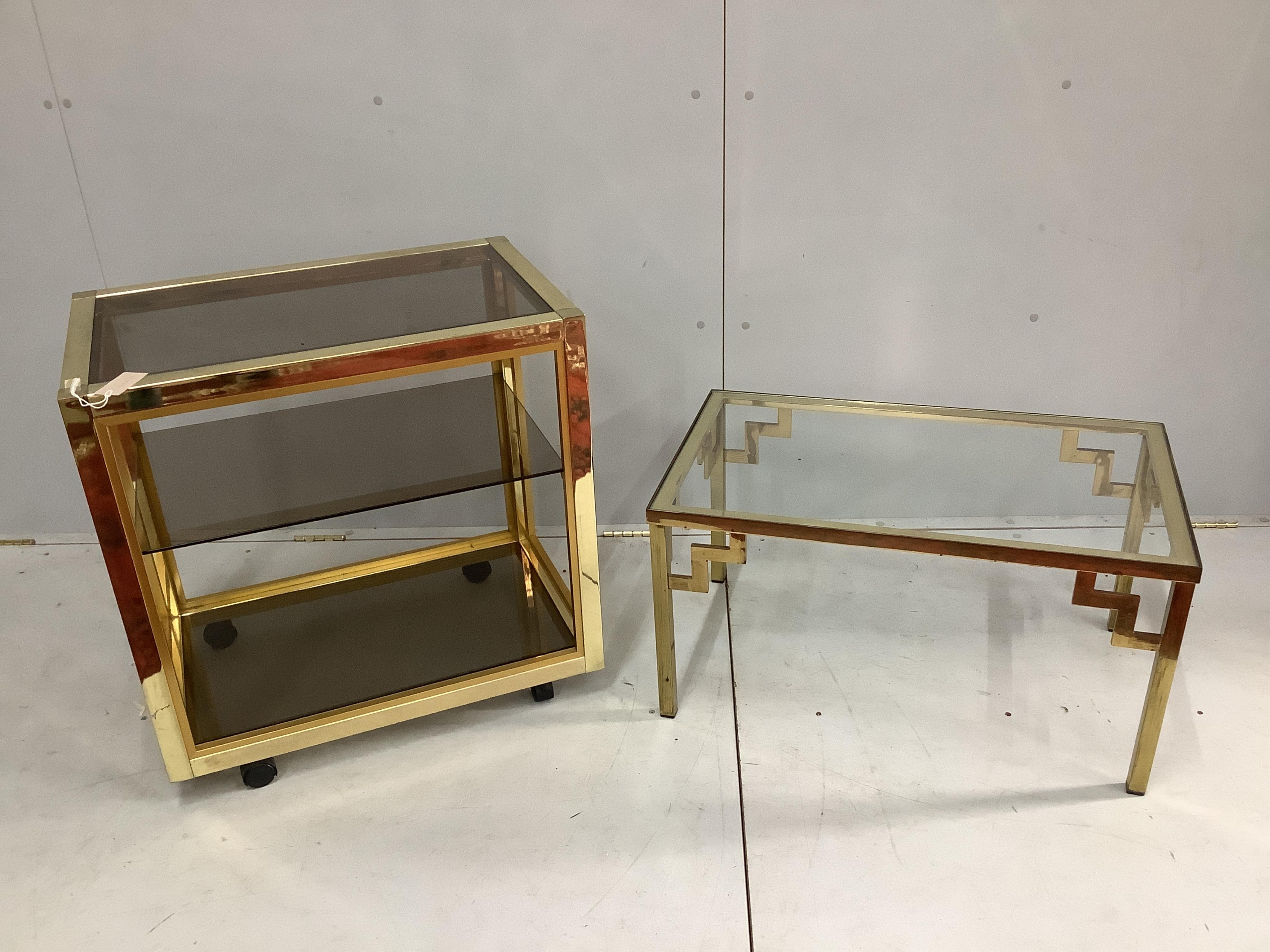 A mid century rectangular brass and clear glass top occasional table and matching tea trolley, largest width 70cm, depth 45cm, height 69cm. Condition - fair